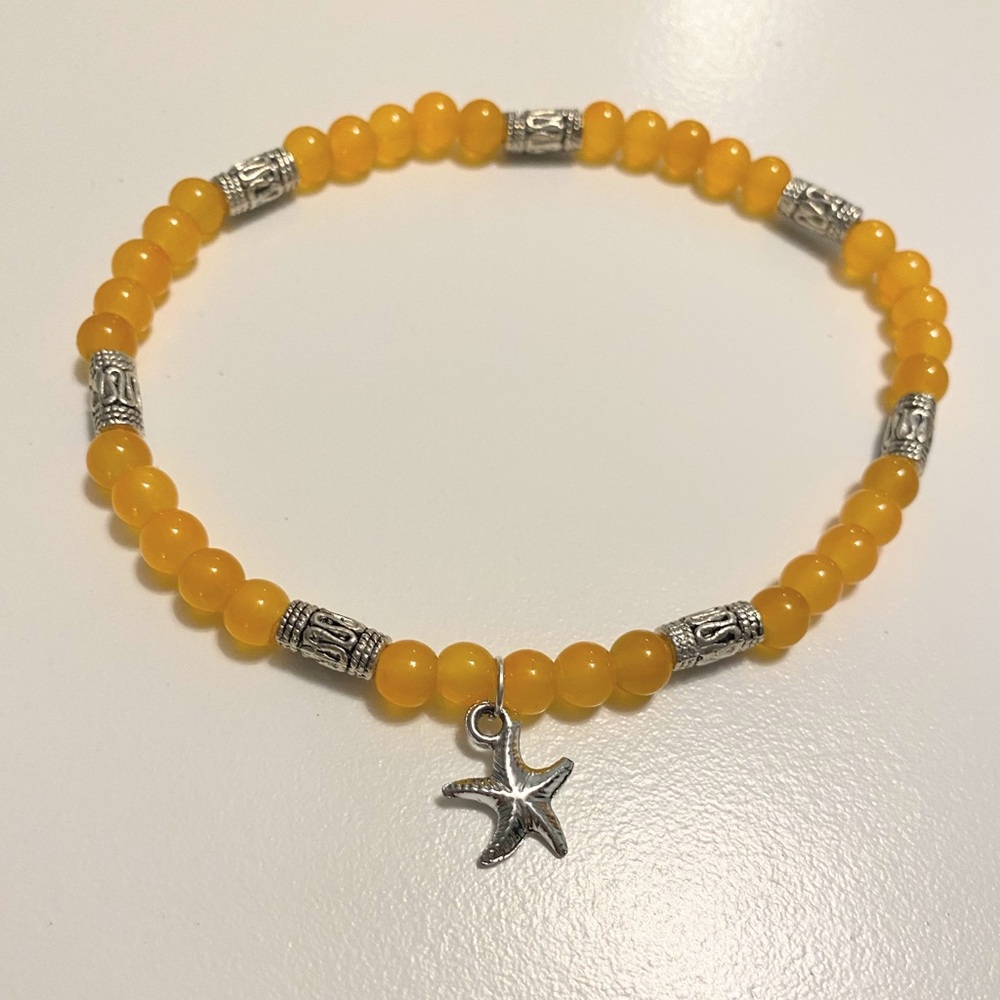 Silver and Orange Beaded Starfish Stretchable Ankle Bracelet